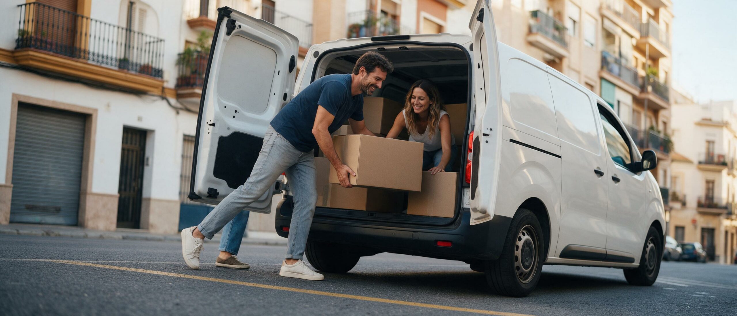Pareja cargando cajas de mudanza en una furgoneta mediana en una calle de ciudad: reservar la furgoneta justa