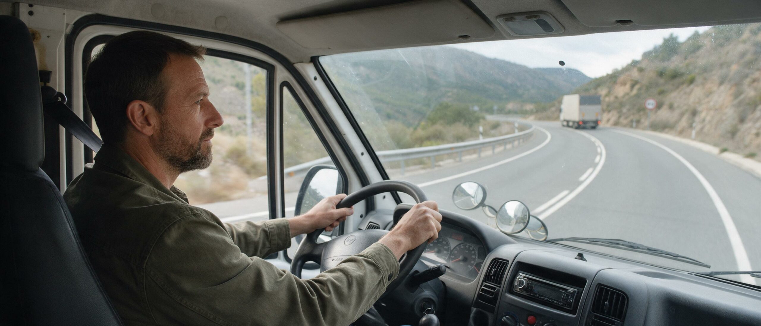 Conductor al volante de una furgoneta grande en una carretera de montaña, visto desde el asiento del copiloto