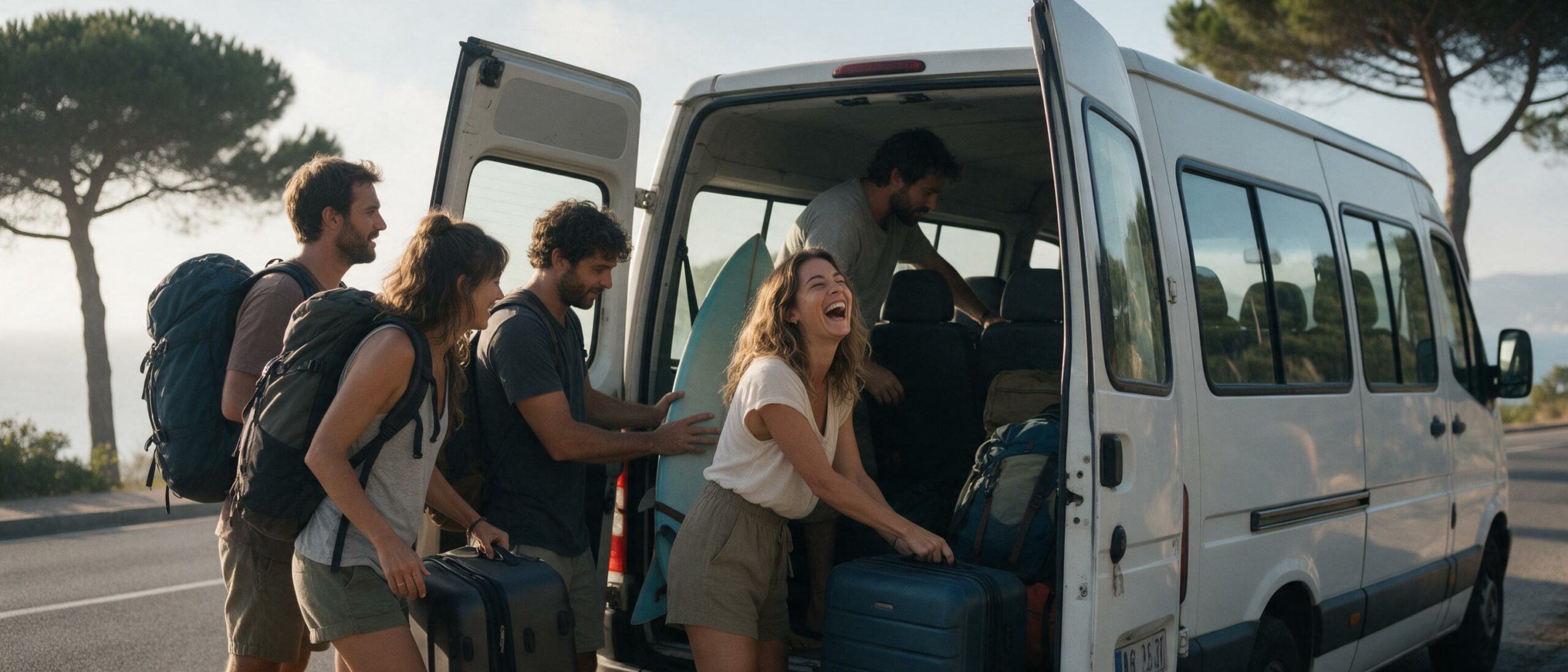 Grupo de amigos cargando maletas y una tabla de surf en una furgoneta de 9 plazas en una carretera de costa