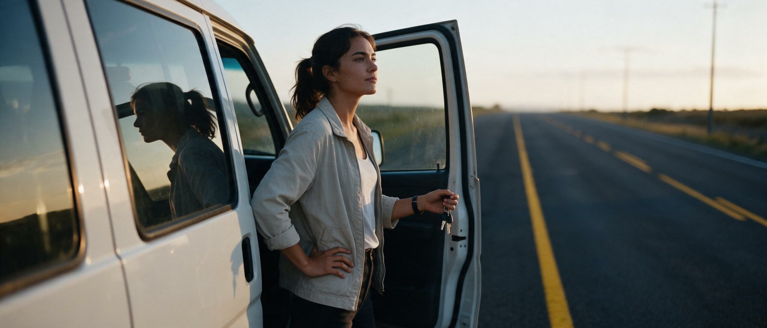 Mujer junto a una furgoneta grande al amanecer, con las llaves en la mano, lista para conducirla con el carnet B